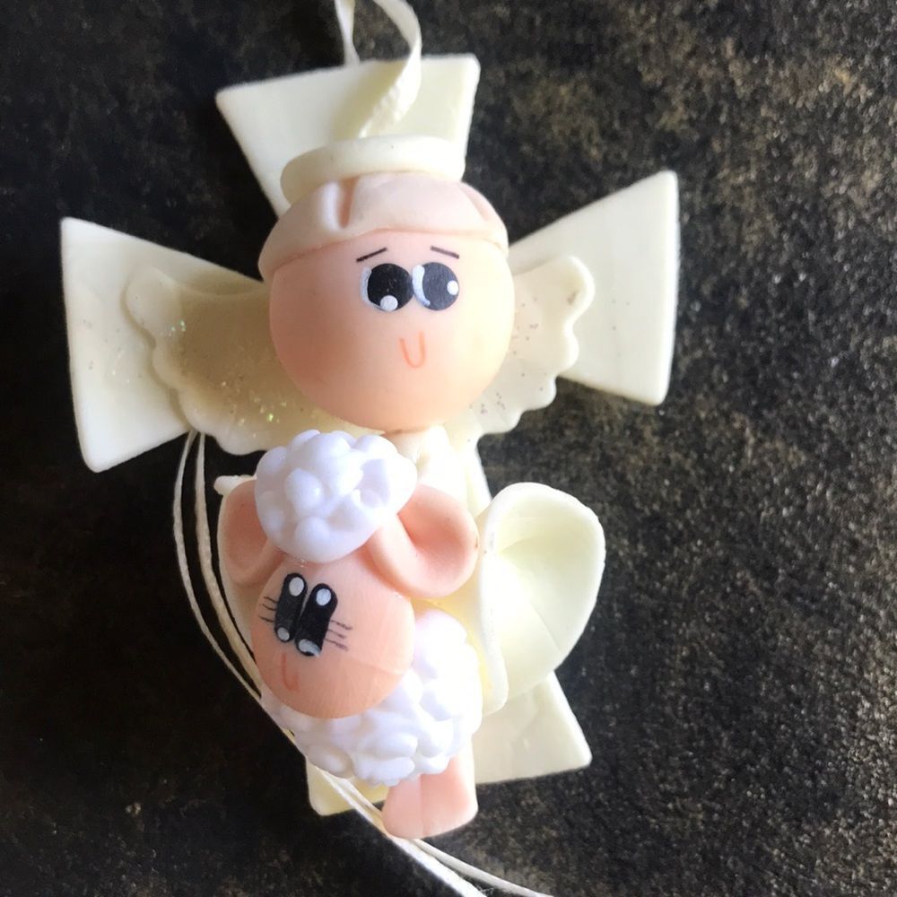 Handmade cream & white angel with sheep rosary denarius for boy or girl baptism